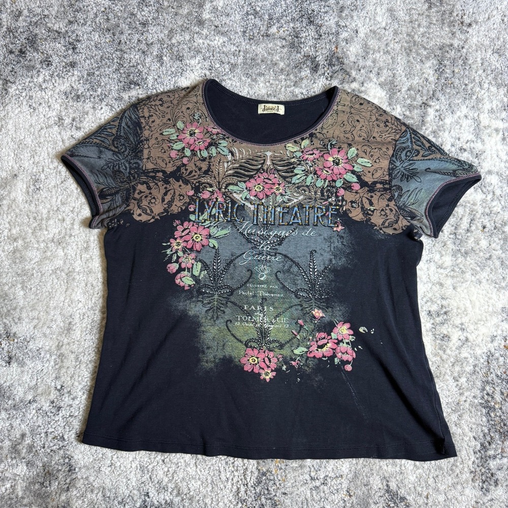 Jamee J Lyric Theatre Graphic Tee Womens XL Black Floral Studded Short Sleeve